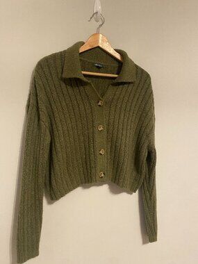 Wild Fable Cropped Cable-Knit Cardigan, Size L, Olive
